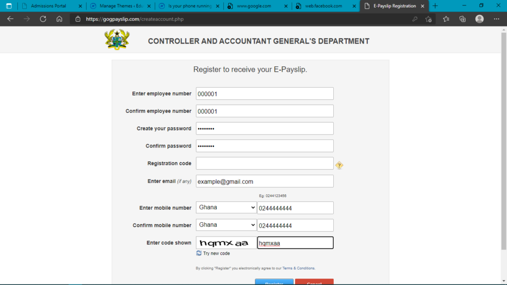 Payslip registration page