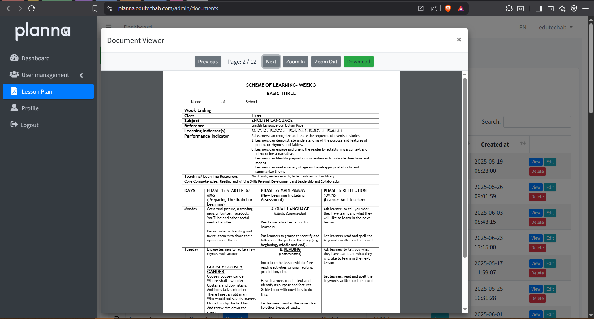 Viewing a document in the system